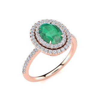 1 1/2 Carat Oval Shape Emerald and Double Halo Diamond Ring In 14 Karat Rose Gold