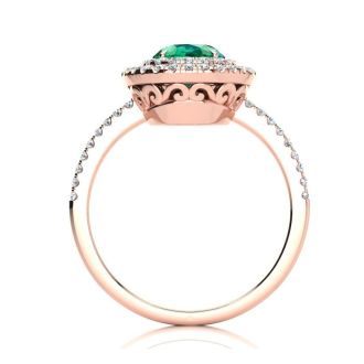 1 1/2 Carat Oval Shape Emerald and Double Halo Diamond Ring In 14 Karat Rose Gold