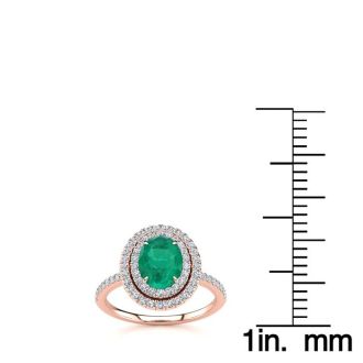 1 1/2 Carat Oval Shape Emerald and Double Halo Diamond Ring In 14 Karat Rose Gold