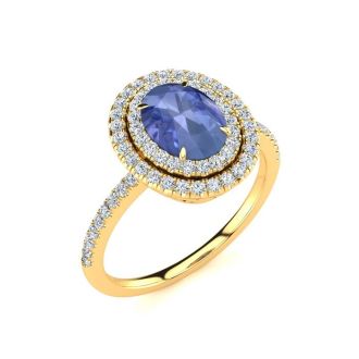 1 1/2 Carat Oval Shape Tanzanite and Double Halo Diamond Ring In 14 Karat Yellow Gold