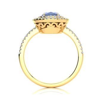 1 1/2 Carat Oval Shape Tanzanite and Double Halo Diamond Ring In 14 Karat Yellow Gold