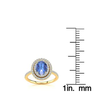 1 1/2 Carat Oval Shape Tanzanite and Double Halo Diamond Ring In 14 Karat Yellow Gold