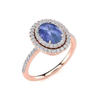 1 1/2 Carat Oval Shape Tanzanite and Double Halo Diamond Ring In 14 Karat Rose Gold