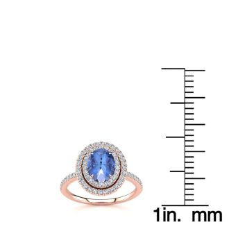 1 1/2 Carat Oval Shape Tanzanite and Double Halo Diamond Ring In 14 Karat Rose Gold