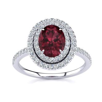 Garnet Ring: Garnet Jewelry: 1 3/4 Carat Oval Shape Garnet and Double Halo Diamond Ring In 14 Karat White Gold