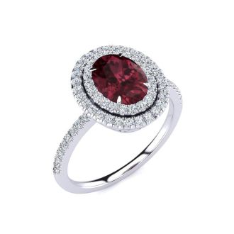 Garnet Ring: Garnet Jewelry: 1 3/4 Carat Oval Shape Garnet and Double Halo Diamond Ring In 14 Karat White Gold