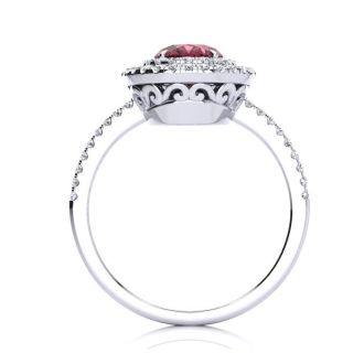 Garnet Ring: Garnet Jewelry: 1 3/4 Carat Oval Shape Garnet and Double Halo Diamond Ring In 14 Karat White Gold