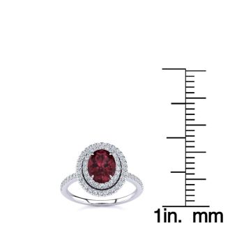 Garnet Ring: Garnet Jewelry: 1 3/4 Carat Oval Shape Garnet and Double Halo Diamond Ring In 14 Karat White Gold