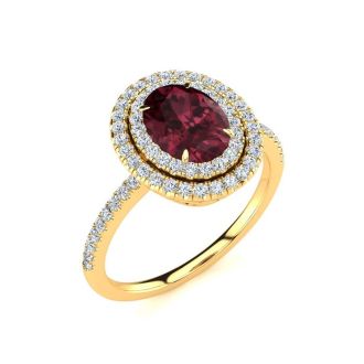 Garnet Ring: Garnet Jewelry: 1 3/4 Carat Oval Shape Garnet and Double Halo Diamond Ring In 14 Karat Yellow Gold