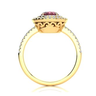 Garnet Ring: Garnet Jewelry: 1 3/4 Carat Oval Shape Garnet and Double Halo Diamond Ring In 14 Karat Yellow Gold