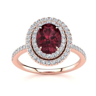 Garnet Ring: Garnet Jewelry: 1 3/4 Carat Oval Shape Garnet and Double Halo Diamond Ring In 14 Karat Rose Gold
