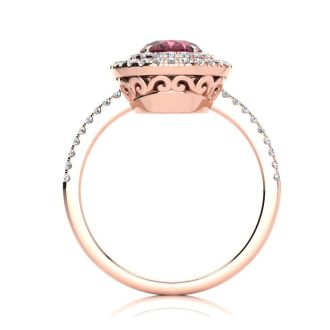 Garnet Ring: Garnet Jewelry: 1 3/4 Carat Oval Shape Garnet and Double Halo Diamond Ring In 14 Karat Rose Gold