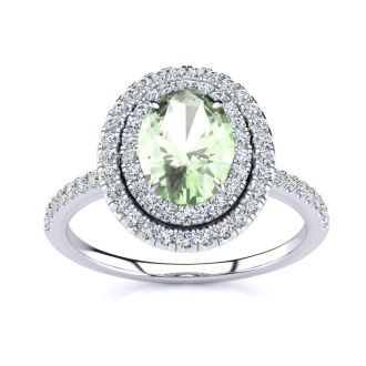 1 1/2 Carat Oval Shape Green Amethyst and Double Halo Diamond Ring In 14 Karat White Gold
