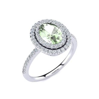 1 1/2 Carat Oval Shape Green Amethyst and Double Halo Diamond Ring In 14 Karat White Gold