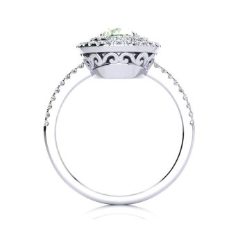 1 1/2 Carat Oval Shape Green Amethyst and Double Halo Diamond Ring In 14 Karat White Gold