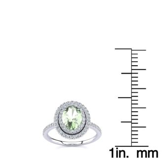 1 1/2 Carat Oval Shape Green Amethyst and Double Halo Diamond Ring In 14 Karat White Gold