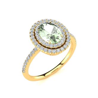 1 1/2 Carat Oval Shape Green Amethyst and Double Halo Diamond Ring In 14 Karat Yellow Gold