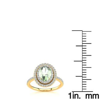 1 1/2 Carat Oval Shape Green Amethyst and Double Halo Diamond Ring In 14 Karat Yellow Gold
