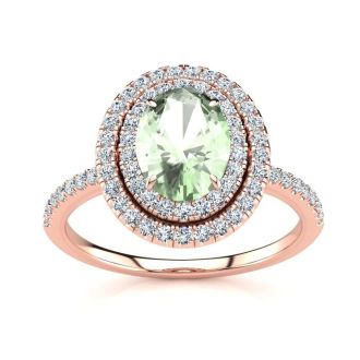 1 1/2 Carat Oval Shape Green Amethyst and Double Halo Diamond Ring In 14 Karat Rose Gold