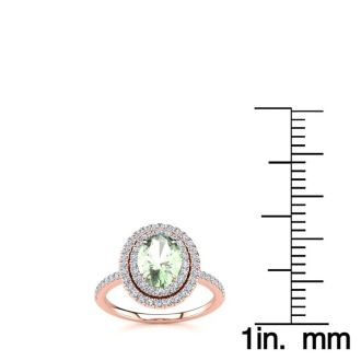 1 1/2 Carat Oval Shape Green Amethyst and Double Halo Diamond Ring In 14 Karat Rose Gold
