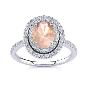 1 1/2 Carat Oval Shape Morganite and Double Halo Diamond Ring In 14 Karat White Gold