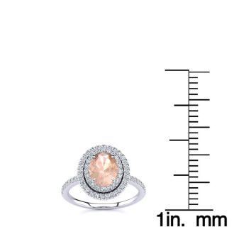1 1/2 Carat Oval Shape Morganite and Double Halo Diamond Ring In 14 Karat White Gold