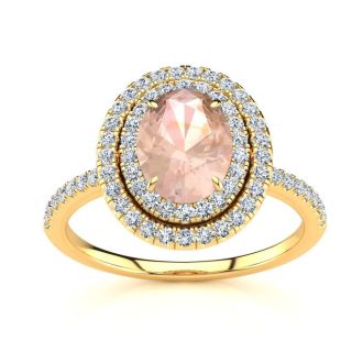 1-1/2 Carat Oval Shape Morganite and Double Halo Diamond Ring In 14 Karat Yellow Gold