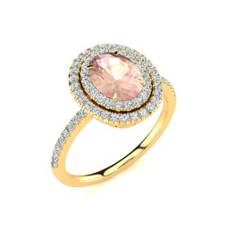 1-1/2 Carat Oval Shape Morganite and Double Halo Diamond Ring In 14 Karat Yellow Gold
