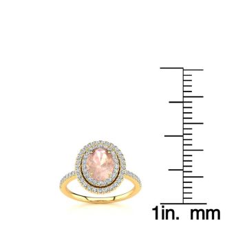 1-1/2 Carat Oval Shape Morganite and Double Halo Diamond Ring In 14 Karat Yellow Gold