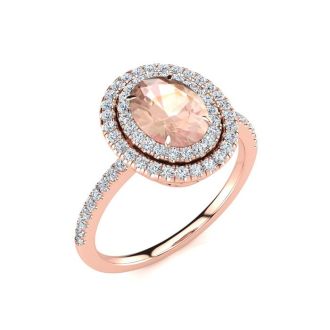 1 1/2 Carat Oval Shape Morganite and Double Halo Diamond Ring In 14 Karat Rose Gold