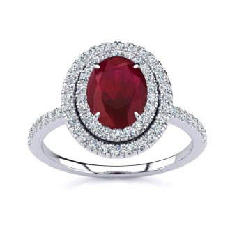 2 Carat Oval Shape Ruby and Double Halo Diamond Ring In 14 Karat White Gold