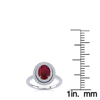 2 Carat Oval Shape Ruby and Double Halo Diamond Ring In 14 Karat White Gold