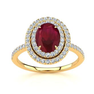 2 Carat Oval Shape Ruby and Double Halo Diamond Ring In 14 Karat Yellow Gold