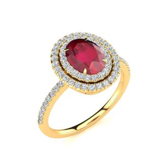 Oval Ruby & Diamond 2 Row Ring ni Yellow Gold