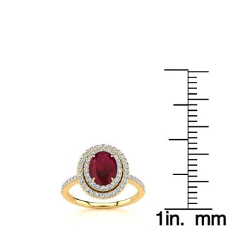 2 Carat Oval Shape Ruby and Double Halo Diamond Ring In 14 Karat Yellow Gold
