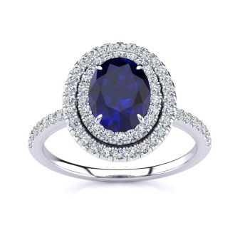 2 Carat Oval Shape Sapphire and Double Halo Diamond Ring In 14 Karat White Gold