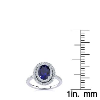 2 Carat Oval Shape Sapphire and Double Halo Diamond Ring In 14 Karat White Gold