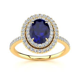 2 Carat Oval Shape Sapphire and Double Halo Diamond Ring In 14 Karat Yellow Gold