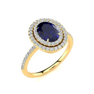 2 Carat Oval Shape Sapphire and Double Halo Diamond Ring In 14 Karat Yellow Gold