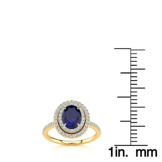 2 Carat Oval Shape Sapphire and Double Halo Diamond Ring In 14 Karat Yellow Gold