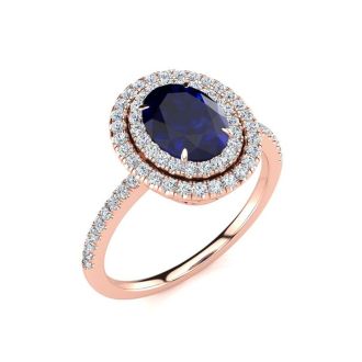 2 Carat Oval Shape Sapphire and Double Halo Diamond Ring In 14 Karat Rose Gold