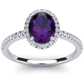 1 1/4 Carat Oval Shape Amethyst and Halo Diamond Ring In 14 Karat White Gold