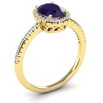 1 1/4 Carat Oval Shape Amethyst and Halo Diamond Ring In 14 Karat Yellow Gold