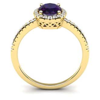 1 1/4 Carat Oval Shape Amethyst and Halo Diamond Ring In 14 Karat Yellow Gold
