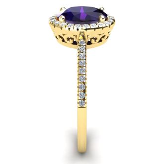 1 1/4 Carat Oval Shape Amethyst and Halo Diamond Ring In 14 Karat Yellow Gold