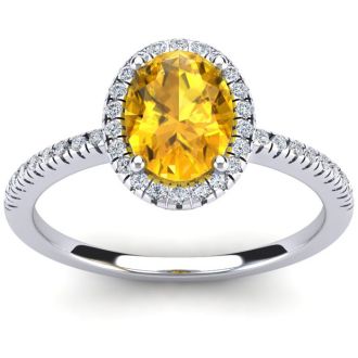 1 1/4 Carat Oval Shape Citrine and Halo Diamond Ring In 14 Karat White Gold