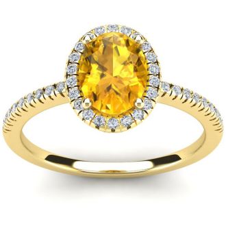 1 1/4 Carat Oval Shape Citrine and Halo Diamond Ring In 14 Karat Yellow Gold