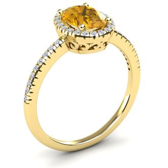 1 1/4 Carat Oval Shape Citrine and Halo Diamond Ring In 14 Karat Yellow Gold