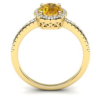 1 1/4 Carat Oval Shape Citrine and Halo Diamond Ring In 14 Karat Yellow Gold