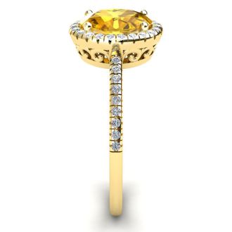 1 1/4 Carat Oval Shape Citrine and Halo Diamond Ring In 14 Karat Yellow Gold